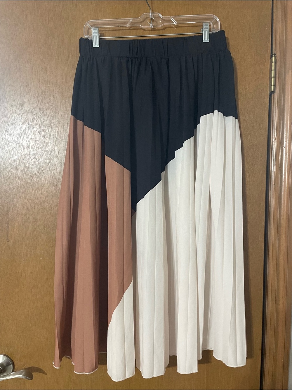 SHEIN Black, Brown & White Pleated Colorblock Midi Skirt